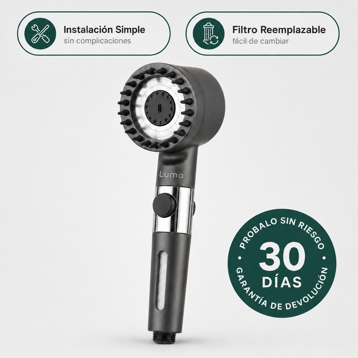 Cabezal de Ducha con Filtración Tri-Action · Elimina cal, cloro y metales pesados del agua