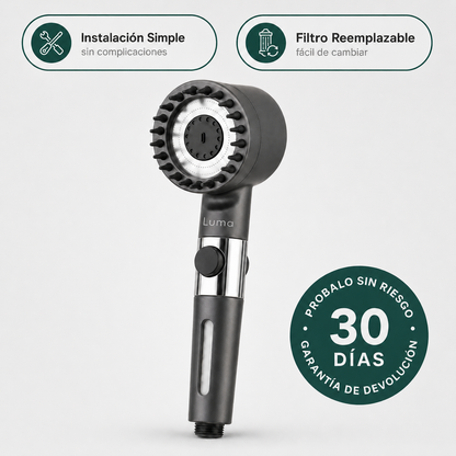 Cabezal de Ducha con Filtración Tri-Action · Elimina cal, cloro y metales pesados del agua