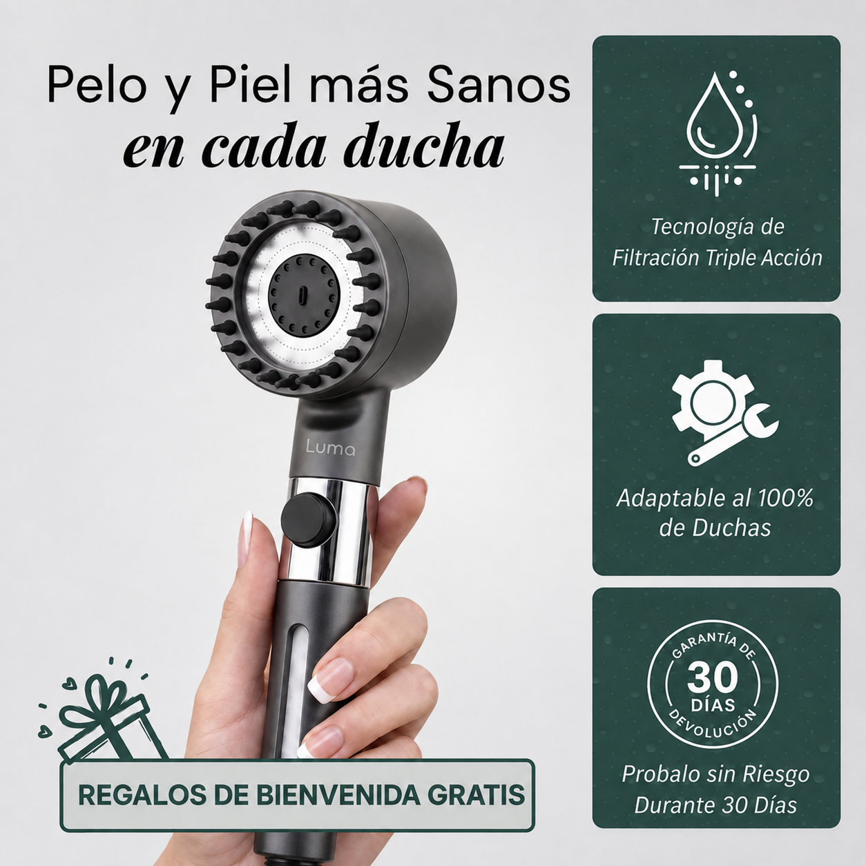 Cabezal de Ducha con Filtración Tri-Action · Elimina cal, cloro y metales pesados del agua