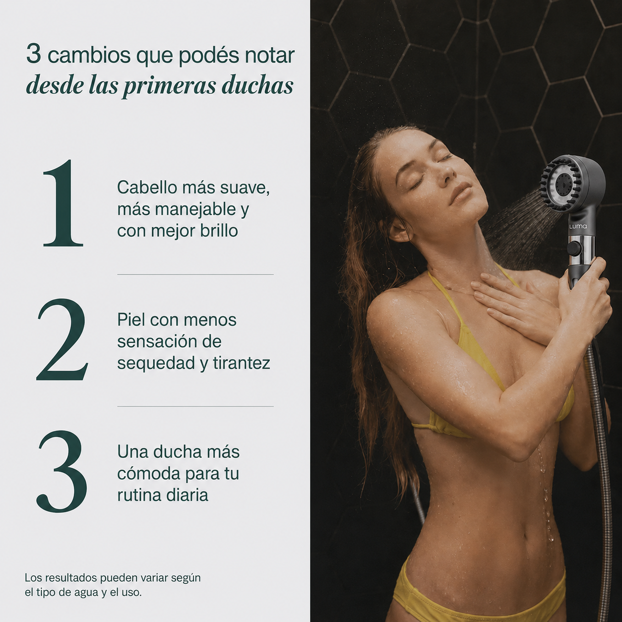 Cabezal de Ducha con Filtración Tri-Action · Elimina cal, cloro y metales pesados del agua